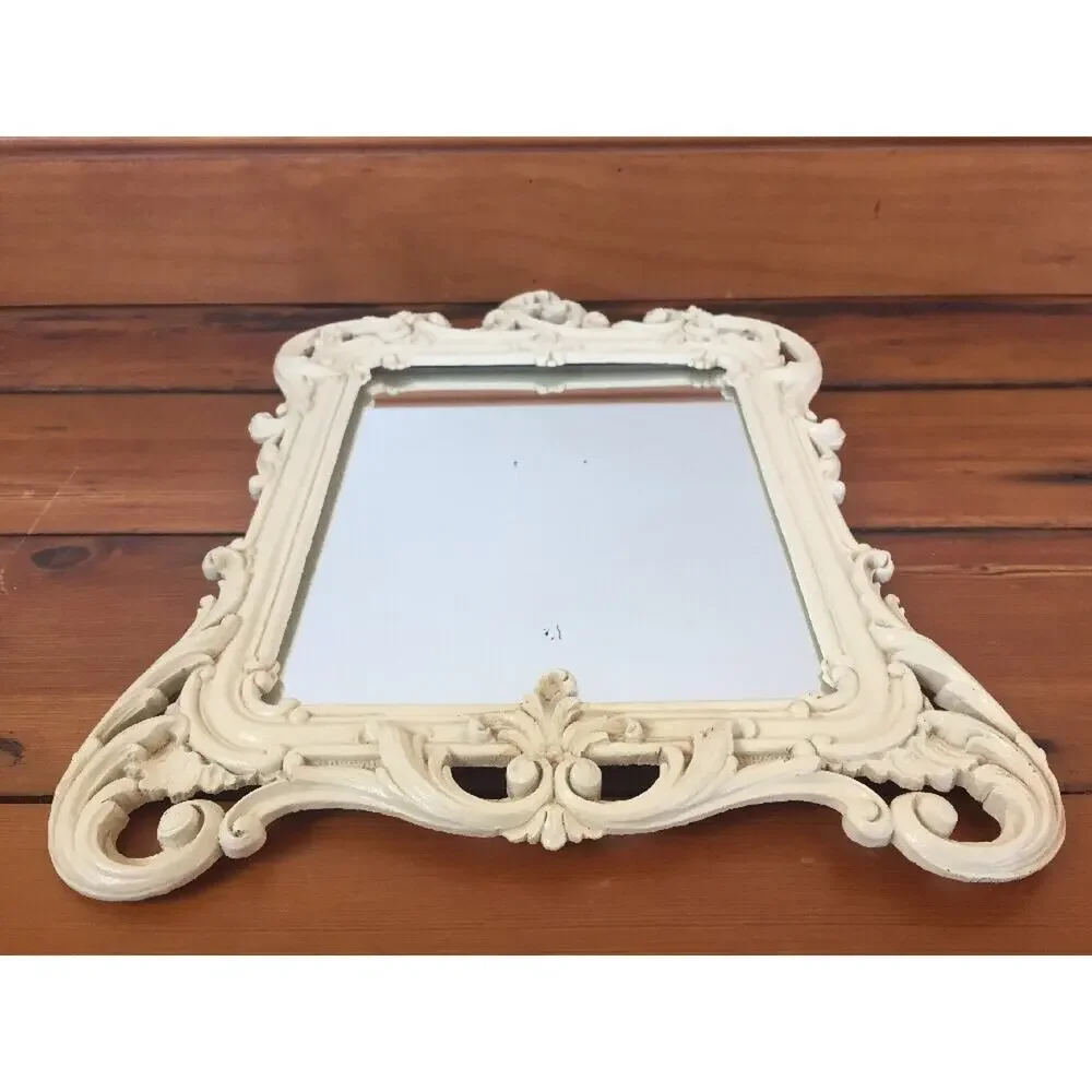 Vintage Syroco Wood Rectangular Filigree Ornamental White Wooden Wall Mirror 16